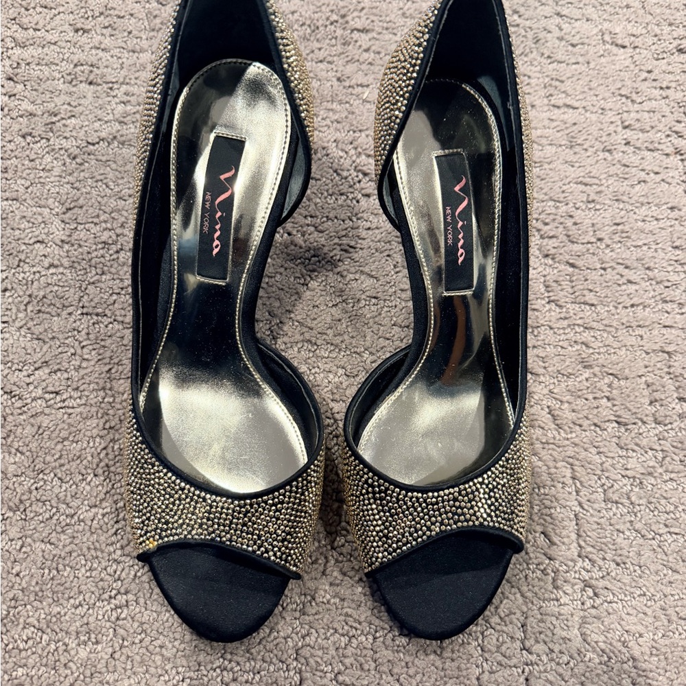 Nina Black and Gold Studded Peep-Toe Heels